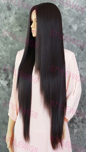 Peluca extra larga recta calor OK encaje frontal mezcla cabello humano marrón oscuro EVFN 4 - Imagen 4 de 8