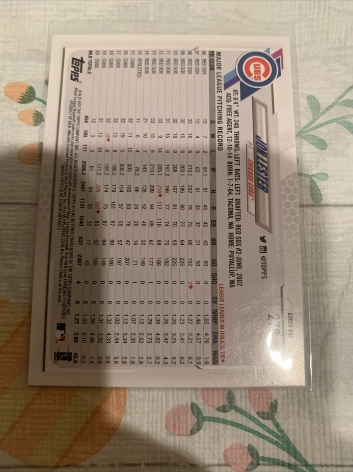 2021 Topps Series 1 Base Rainbow Foil #278 Jon Lester - Chicago Cubs - Image 2 of 2