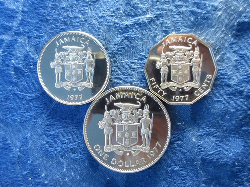 JAMAICA 25, 50 CENTS, 1 DOLLAR 1977 FM PROOF KM56, KM70, KM57