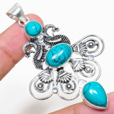 Pendentif En Argent Sterling 925 Avec Turquoise - Fait Main En Inde - Neuf Sans Emballage
