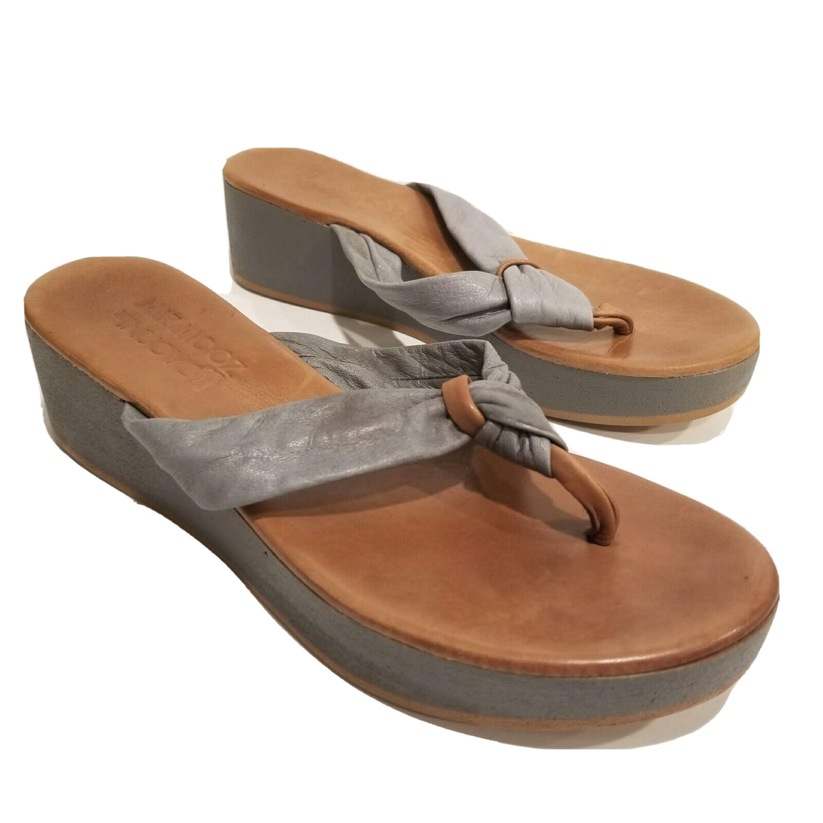 Miz Mooz Inuovo Leather Thong Sandals Brown Gray Women's Wedge Heels Sz 39 
