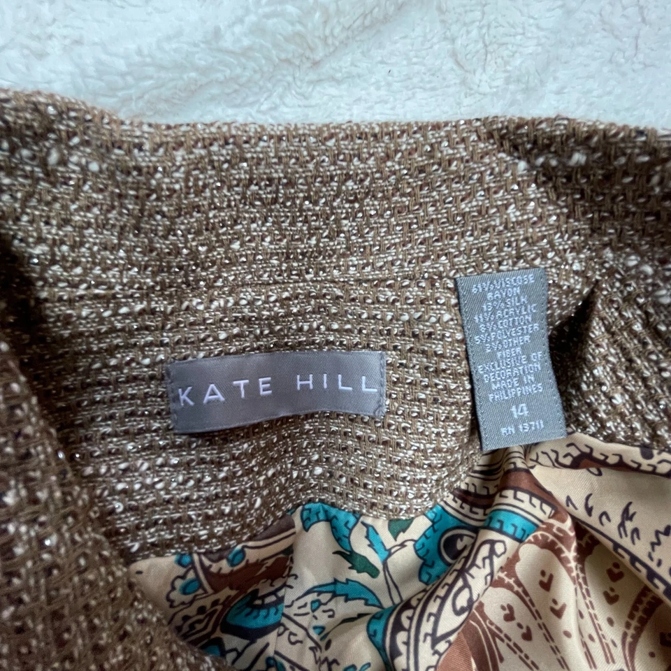 Blazer Kate Hill para mujer manga 3/4 marrón tweed carrera talla 14 acento floral Foto 3 de 4