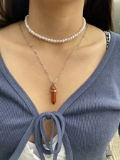 Natural Red Jasper Crystal Point Stone Pendant Necklace Healing