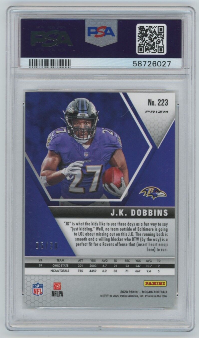 2020 Mosaic J.K. Dobbins /20 GOLD FLUORESCENT PRIZM PSA 10 Rookie Card