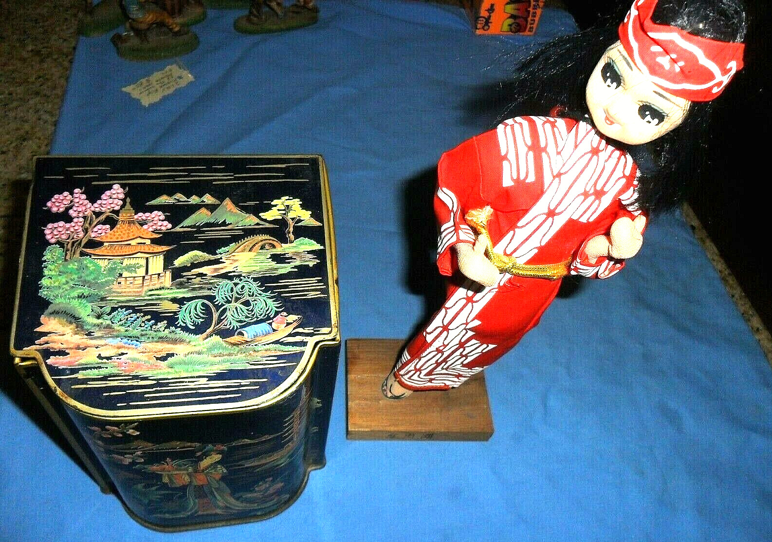 2 LOT VINTAGE JAPANESE WOOD & FABRIC DOLL FIGURE Japan Marked Signed Base & Tin