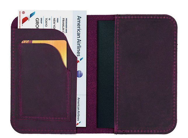 Purple leather passport holder wallet with card slots bifold travel pouch H263-image