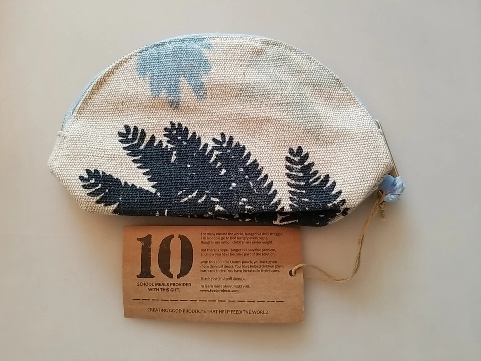 Nueva bolsa de cosméticos Clarins Feed 10 mezcla de lino beige azul hoja verde 4,5 x 7,75 pulgadas Foto 2 de 4