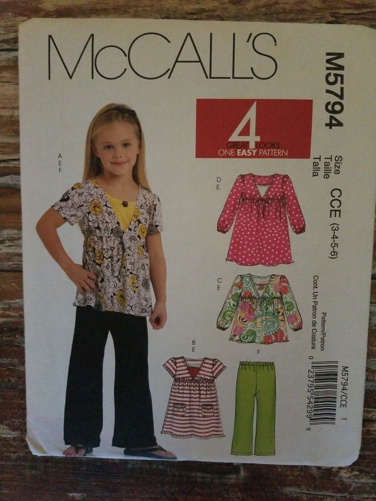 McCall's 5794 Childrens Girls' Tops,Dresses, Tank Top, Pants Sizes 3,4,5,6 Uncut