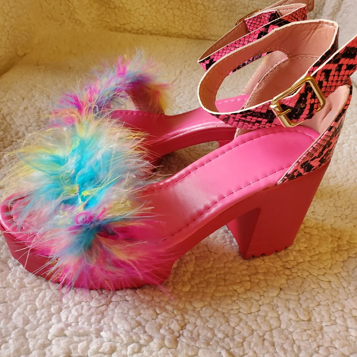 Hot Pink Trending Fur Heels Open Toe Chunky Heel Sandals US Size  3-15|FSJshoes