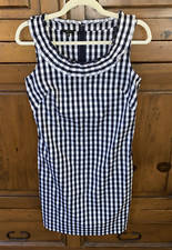 TALBOTS Gingham Check Sleeveless Shift Dress-Ruffle Neck-Stretch-Navy/White-2P