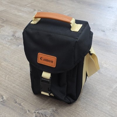Canon Vintage Camera Bag Case Black Tan Canvas Padded DSLR SLR Shoulder 