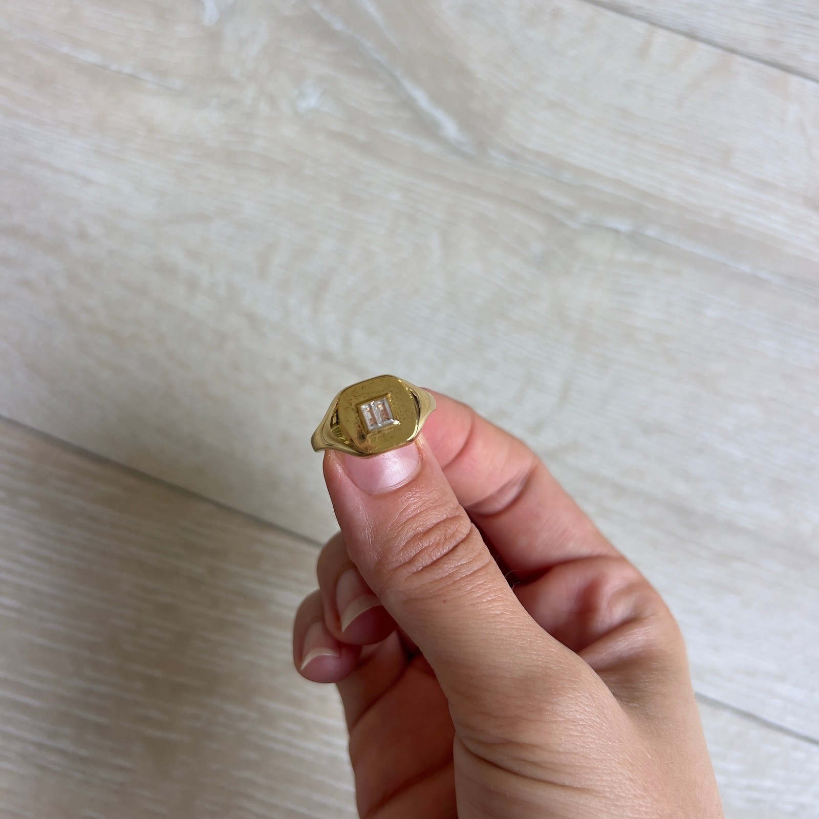 Gold Tone Signet Ring with Rectangular Clear Crys… - image 1