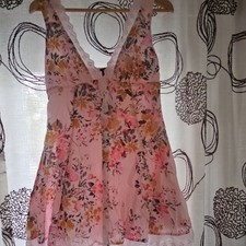 Pink Floral Chiffon Lace Babydoll Nightgown Sleeveless V-Neck Button S