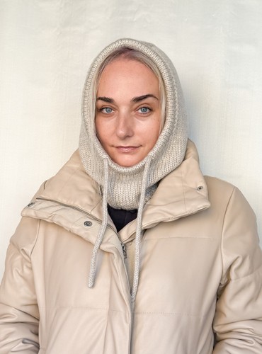 Capuche tricotée femme gris beige stock américain, capuche laine mérinos, cagoule femme - Photo 3/6
