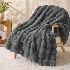 Faux Fur Throw Blanket, Soft Cozy Plush Dark Grey Bubble Blanket for Couch So...