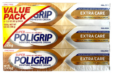 Super Poligrip Extra Care Denture Adhesive Cream Zinc Free 2.2oz Strong Hold NEW
