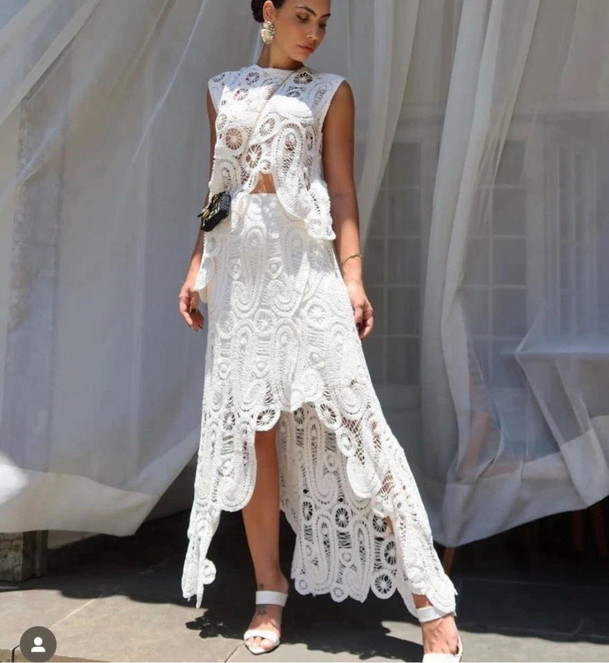 ZARA MUJER NUEVA FALDA CROCHET ASIMÉTRICA Y TOP A JUEGO TEJIDO PAJA TALLA XS Foto 2 de 4