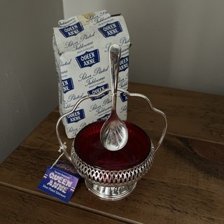 Vintage Queen Anne Silver Plated Tableware Red Glass Dish & Spoon & Holder Boxed