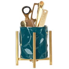 Gold pencil cup Sturdy metal frame with white ceramic pen holder For desks an...