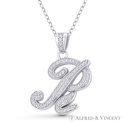 Initial Letter ''R'' Cursive Script CZ Crystal 925 Sterling Silver Rhodium Pendant