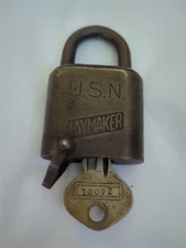 Vintage World World 2 USN Solid Brass Padlock With Key Slaymaker Lancaster PA