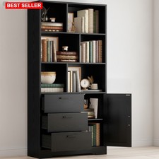 Bookcase Black 70.9-Inch Storage Shelves Cabinets Drawers Rigid Durable Wood