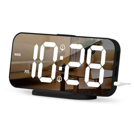 For Bedrooms, Dual Alarms With Snooze, Mirror Black