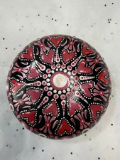 Artisan Hand Painted Man Made Rock | Mandala Red Hearts Dotting Art 4"