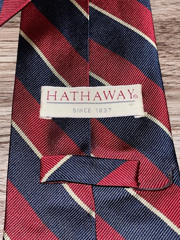 Hathaway 领带男式均码红色海军蓝条纹 100% 真丝手工领带经典 — 第 4/4 张图片