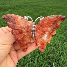 3.6" Natural red gum flower Carved Butterfly Reiki Crystal Skull Decor gift 1pc
