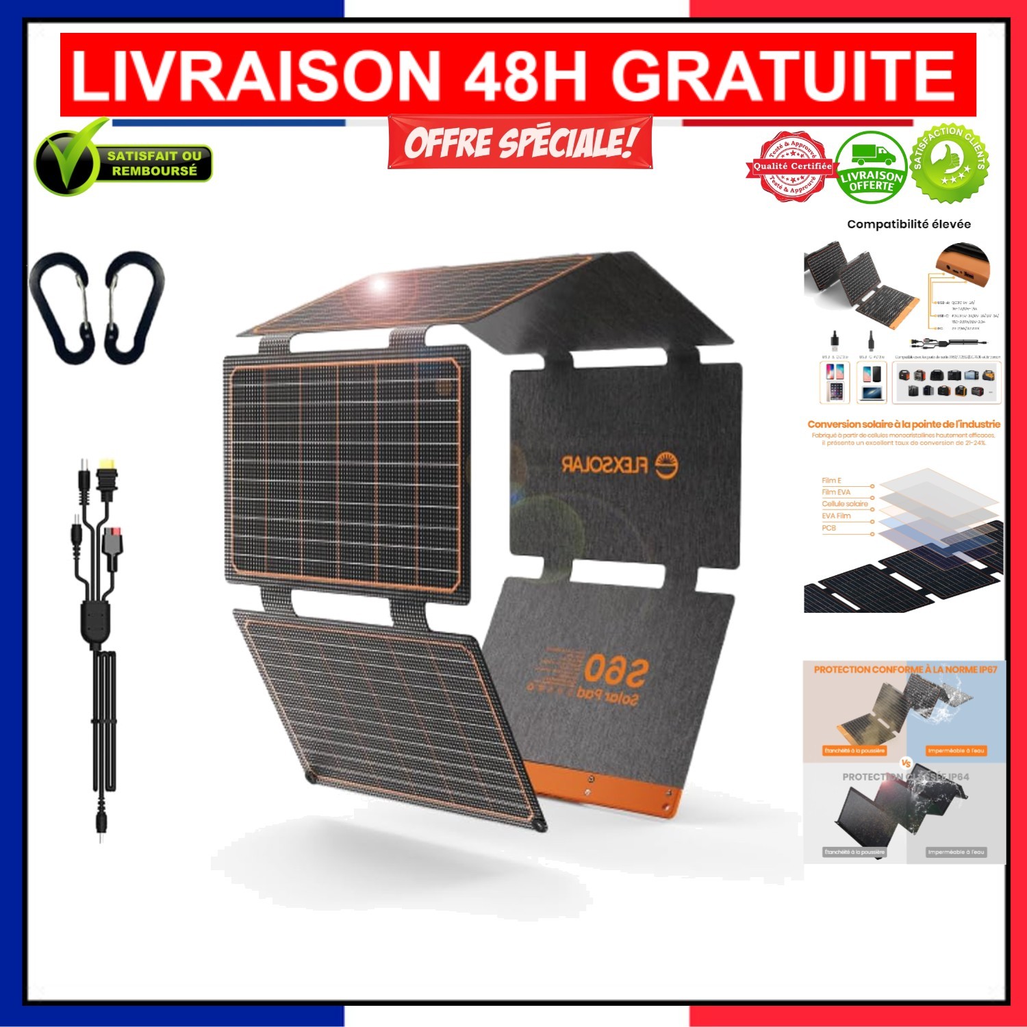 Panneau solaire flexible 60W haute efficacité avec double sortie USB et DC