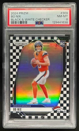 2024 Prizm Bo Nix RC Black and White Checker Rookie #309 Broncos PSA 8