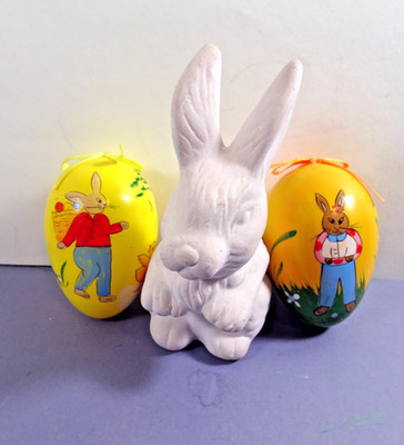 3 Pcs EASTER DECOR Decorations Handpainted Plastic Eggs Ceramic Bunny Rabbit