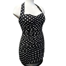 Guess Polka Dot Halter Dress Small S Black White Ruched Bodycon Pinup Retro
