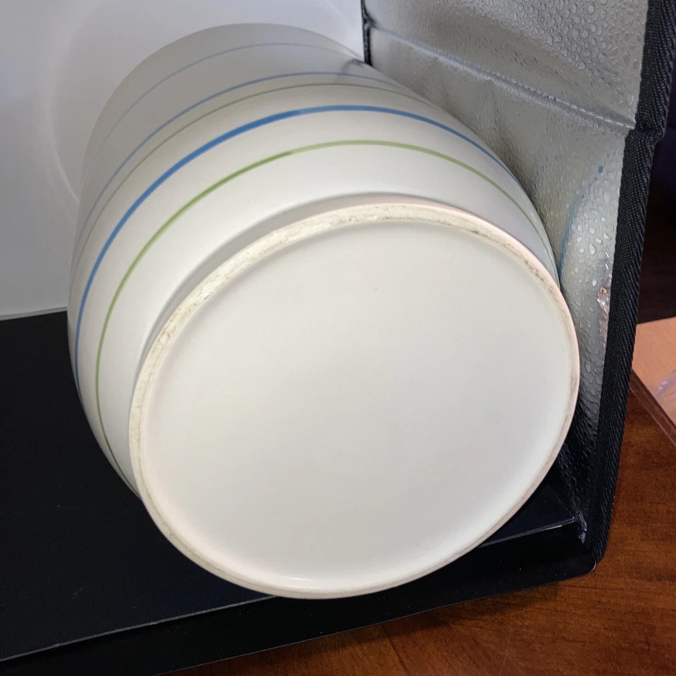 Casual Home Ceramic Waste Basket White Blue Green Strips W/ Trash Text On Side - Image 4 of 4