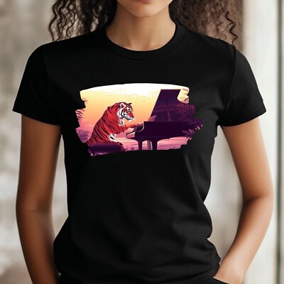 T-Shirt Frauen Tiger spielt Klavier Motiv Baumwolle Größe XS bis 3XL