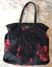 SALE-VINTAGE PRADA NLN BAG NERO ROSSO ZIPPED TESSUTO STOMPO-HAMSA CORD APPLIQUÉ