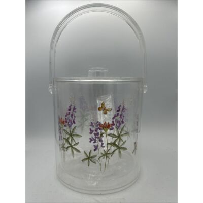 Vintage Lucite Acrylic Ice Bucket Lid Tongs Bluebonnet Lupine flowers