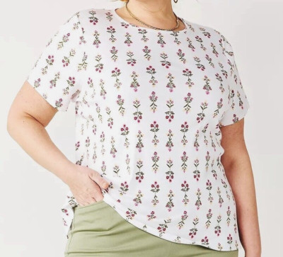Croft & Barrow Short Sleeve Knit Top - 100%  Cotton - Red/Pink Flowers  - 2X