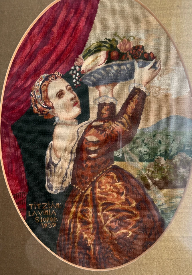 Antiguo Petit Point de colección enmarcado en marco dorado rococó 1939 ZZ437 Foto 2 de 4