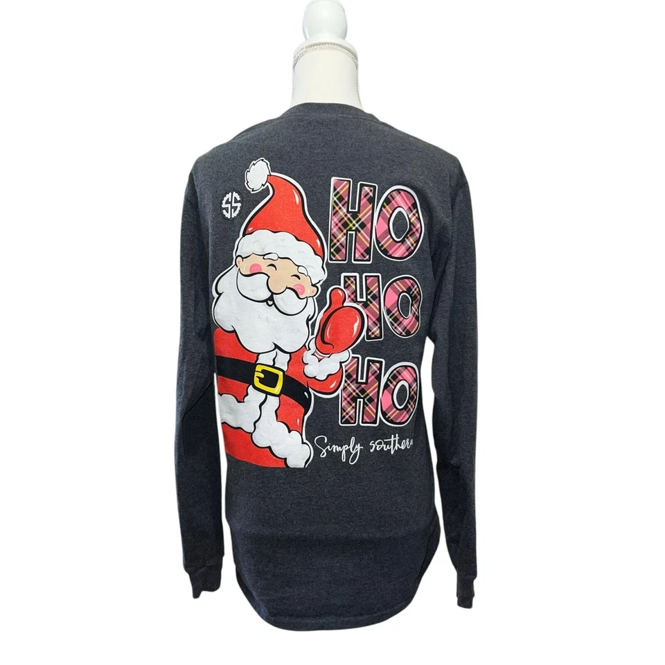 Camiseta Simply Southern Mujer Manga Larga Santa Navidad Ho Ho Ho Gris MED Foto 4 de 4
