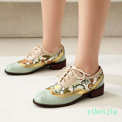 Women's Multicolor Lace Up Flat Oxford Floral Faux Leather Shoes Wing Tip Brogue