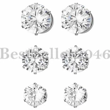Stainless Steel Round Cut Clear CZ Magnetic Stud Earrings Non-Piercing Clip On