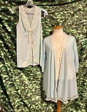 Vintage 1960s Vanity Fair Robe Nightshirt Set Blue Lace Nylon Chiffon Womens S