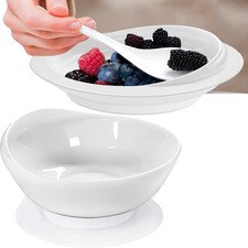 White Spill Proof Scoop Plate Bowl NonSkid Suction Base Adaptive Dinnerware