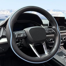 Haotule Leather Steering Wheel Cover With Anti-slip Stripe Design Black Blue Haotule Leather Steering Wheel Cover With Anti-slip Stripe Design Black Blue