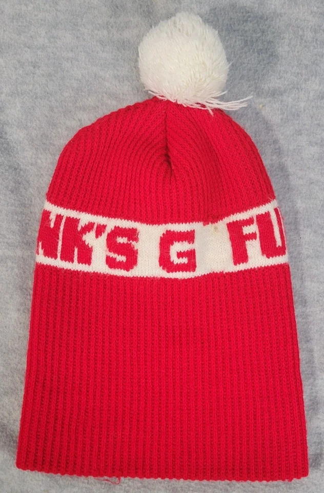 Boné de inverno vintage década de 1970 funk's G ski malha gorro meia chapéu vermelho/branco pompon - Imagem 2 de 4
