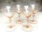Pink Depression 4oz Martini  Glasses Set Vintage Etched Lot Of 4 Flowers