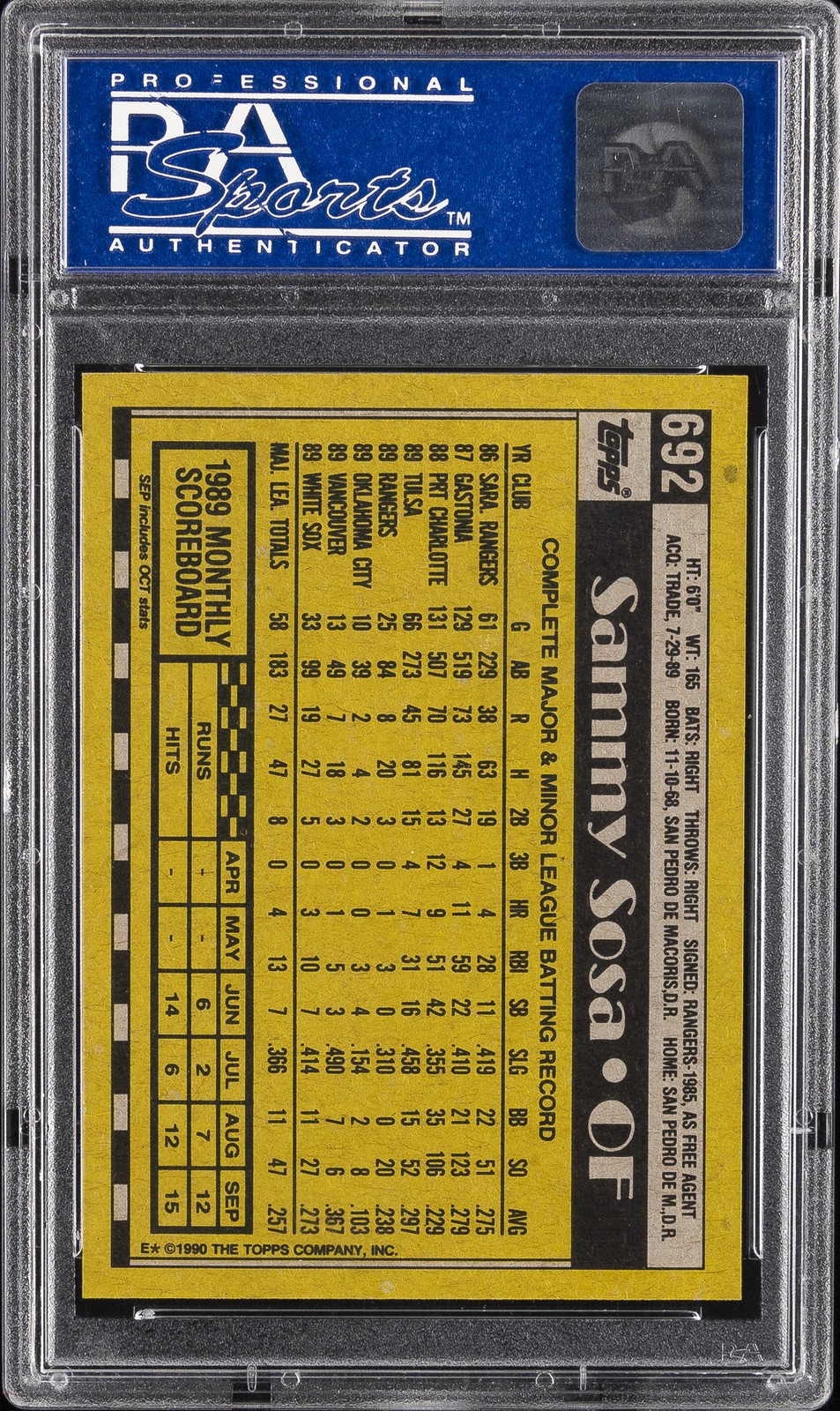 1990 TOPPS #692 SAMMY SOSA ROOKIE RC PSA 9 view 2