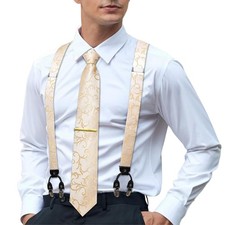 Mens Suspenders and Tie Set Silk Adjustable Y Braces 6 Clips Pocket Square